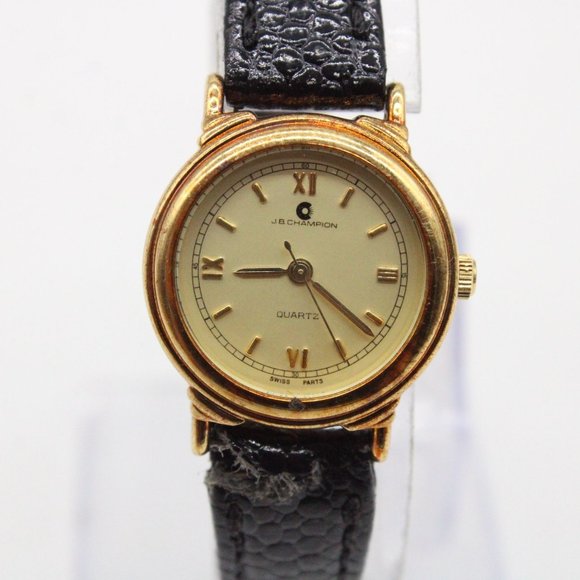 J.B Champion Watch Womens Gold Tone Stainless Steel Real Leather Band Gold Dial - Picture 3 of 8